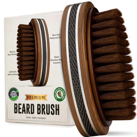 Premium Handmade 4.5" Boar Bristle Beard Brush for Men – Natural Walnut Wood & Non-Slip Rubber Grip – Men’s Grooming Brush for Short, Medium & Long Beards – Mustache & Beard Care Tool – Alpha Organics