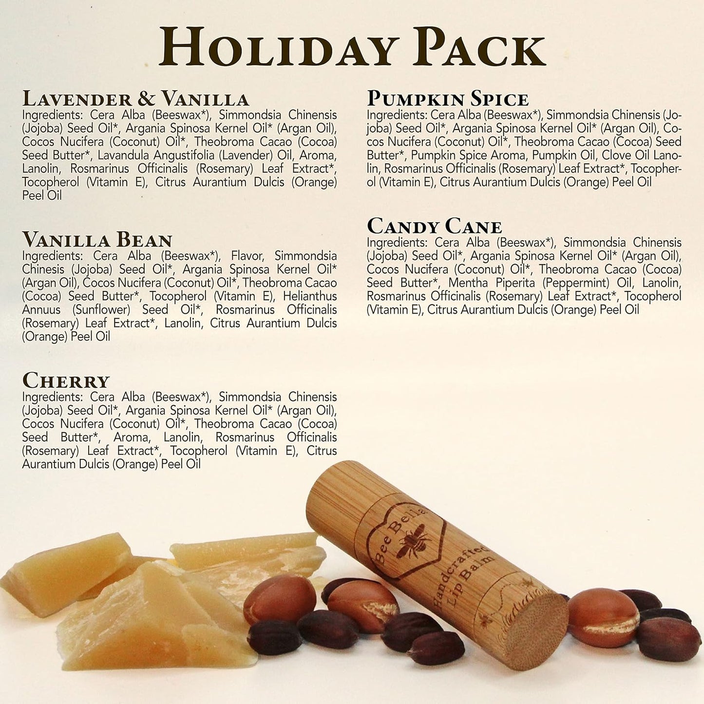 Bee Bella Lip Balm Holiday Gift Box, Cherry, Lavender Vanilla, Vanilla Bean, Pumpkin Spice, Candy Cane, 5 Pack, Gift, Organic Beeswax with Vitamin E, Handmade in USA