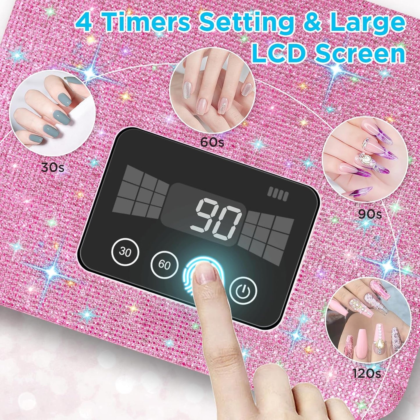 Cordless UV Nail Lamp, Rechargeable UV Light for Gel Nails, LED Nail Lamp with 4 Timer Modes, Gel Nail UV Light Decorate with Sparkling Nail Rhinestones