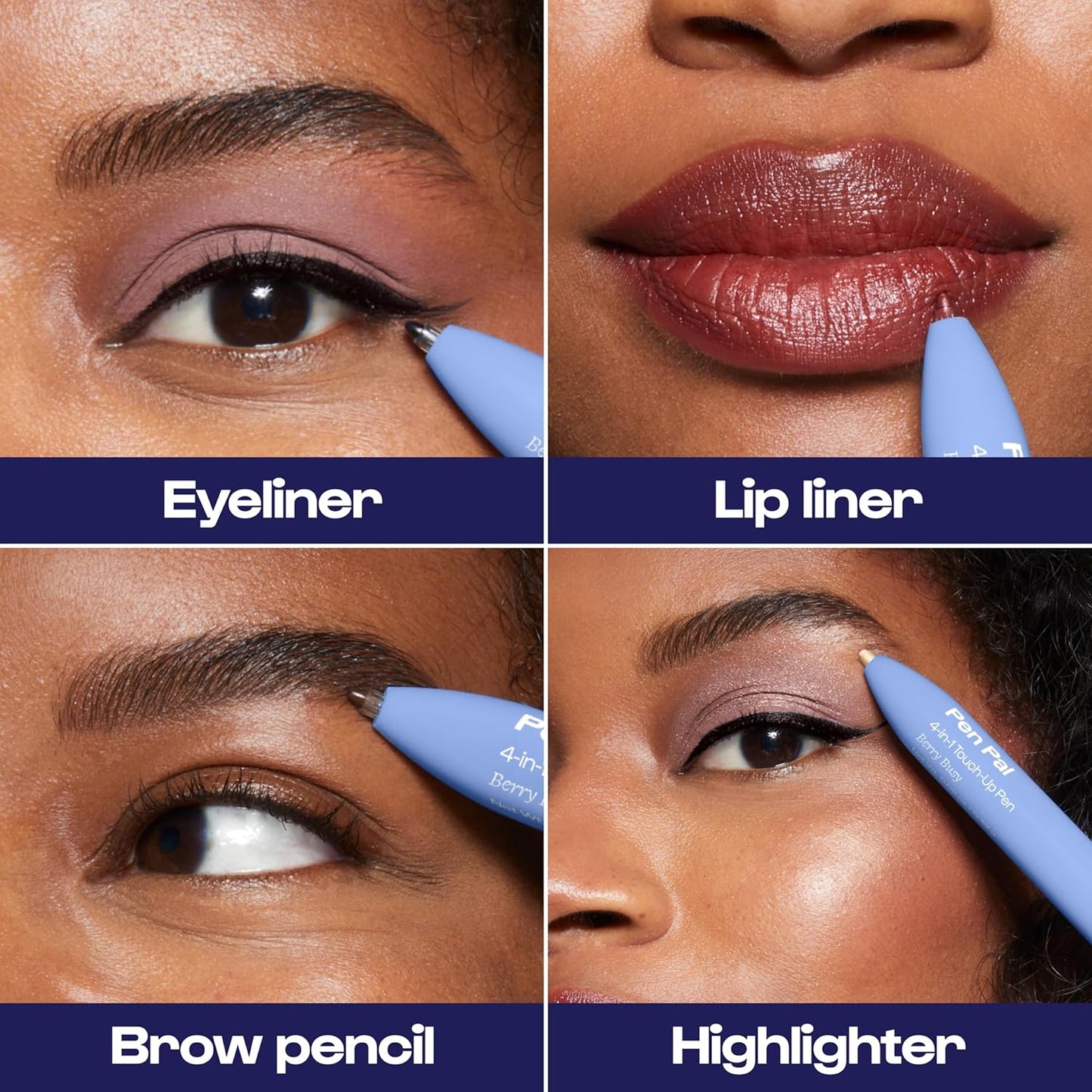Alleyoop Pen Pal Touch-Up 4-in-1 Makeup Pen, Berry Busy (Medium - Deep) - Travel Make Up Set with Eyeliner, Brow Pencil, Highlighter & Lip Liner - High-Pigment Formula, Easy & Smooth Application