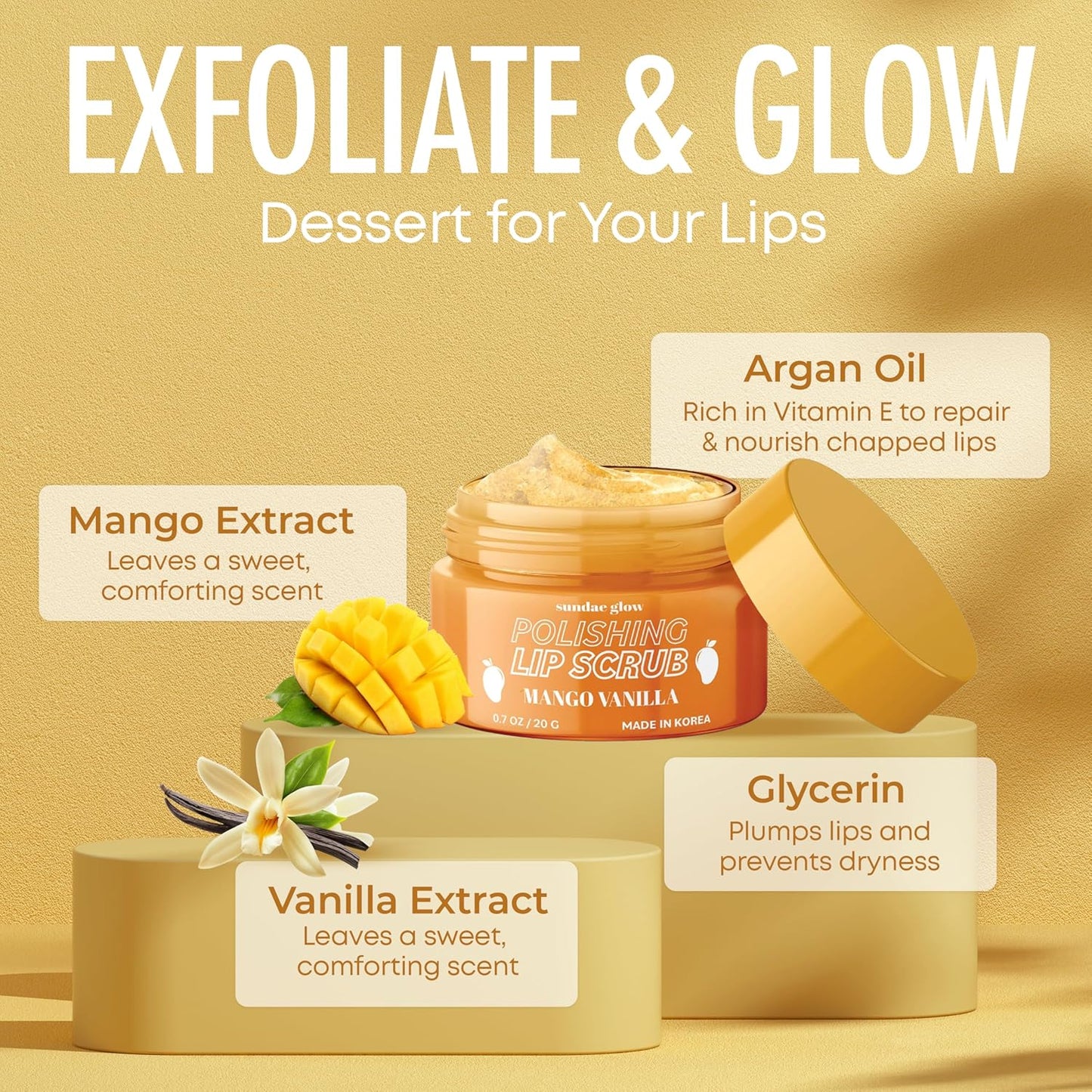 Mango Vanilla Lip Scrub - Dermatologist Tested, Anti-Aging, Korean Skin Care, Deep Exfoliation & Hydration - Smooth, Soft, Plump Lips - Clean Beauty, Vegan, Non-GMO - 1 Pack