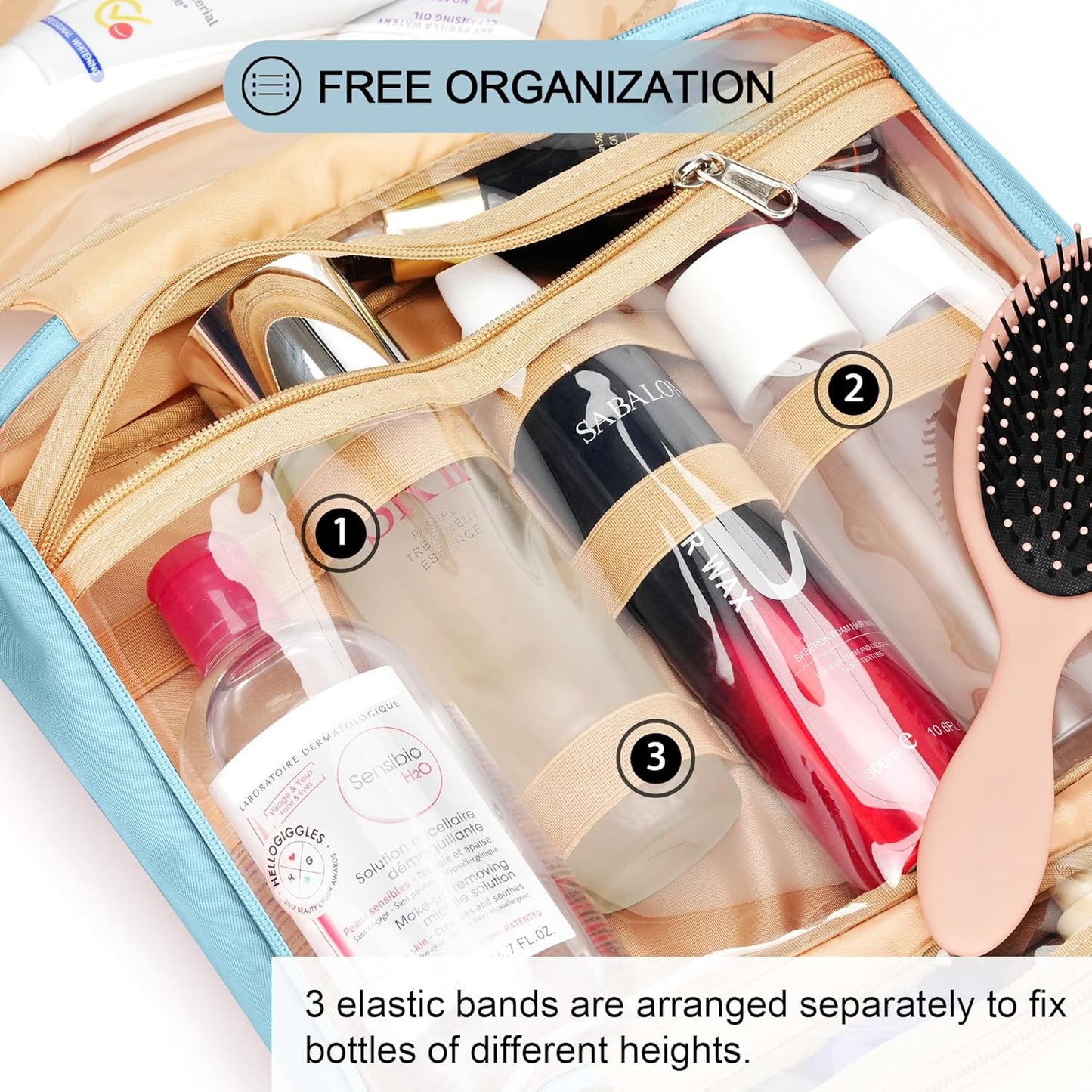 Travel Hanging Toiletry Bag for Women, Cruise Ship Essentials, with Jewelry Organizer, Extra Large Makeup Dopp Kit, Waterproof Cosmetic Bags, Toiletries Kit Set with Trolley Belt, Sky Blue