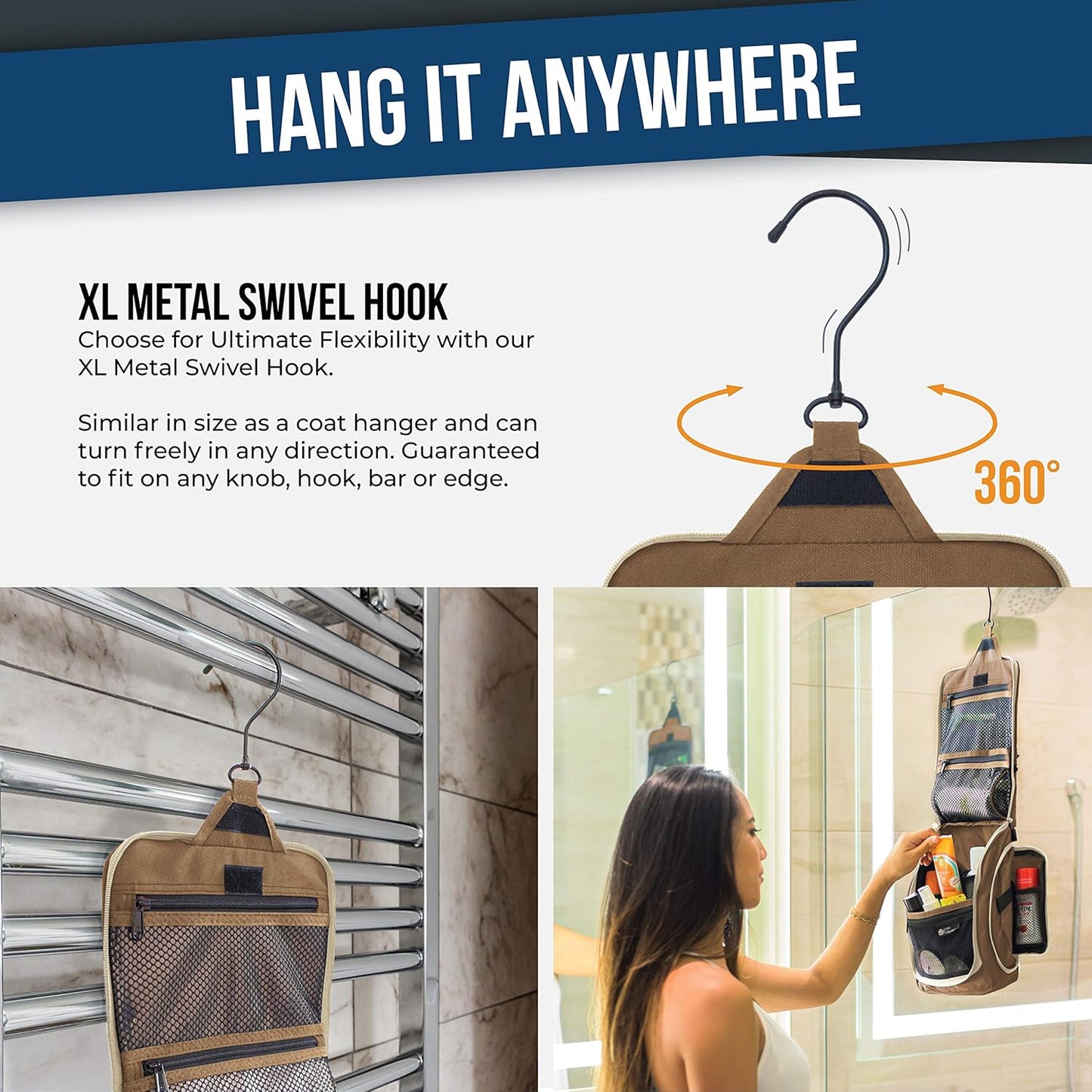 D&D Hanging Travel Toiletry Bag for Men and Women – Large Cosmetics, Makeup and Toiletries Organizer Kit with 10 Compartments, YKK Zippers, XXL Metal Swivel Hook, Water-Resistant Nylon