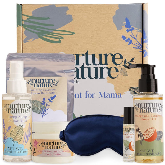 Nurture by Nature's MOMENT FOR MAMA Gift Set, Lavender Pillow Mist, Spa Gift Baskets for Women, 6 Pcs Per Bath Set, Mom Spa Gift Set, Relaxation Kit, Body butter, Shower Oil, Essential Oil Roll on