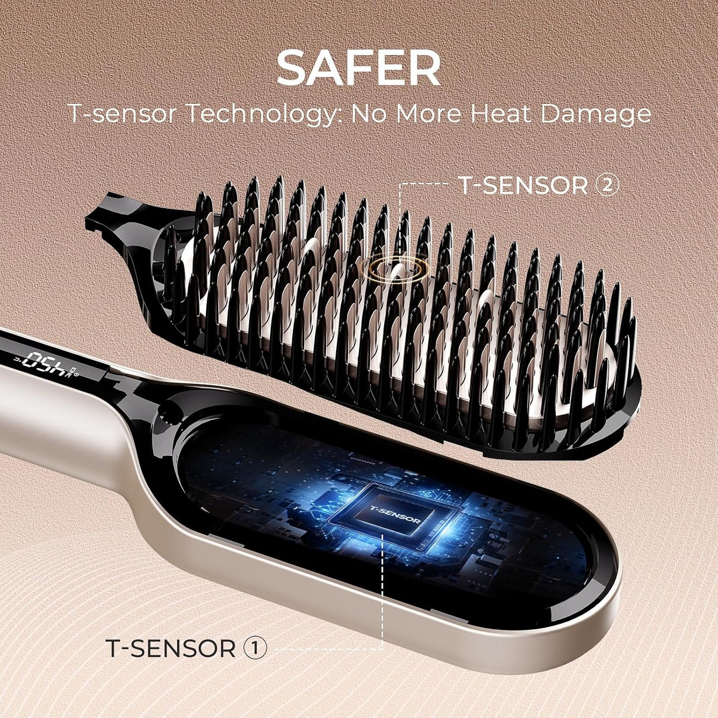 TYMO Hair Straightener Brush - Upgraded Ionic Plus Straightening Brush with Dense Bristles, 16 Temps, Dual Voltage | Ceramic Hot Comb for Women | Flat Iron for Thick Curly Hair, Gold