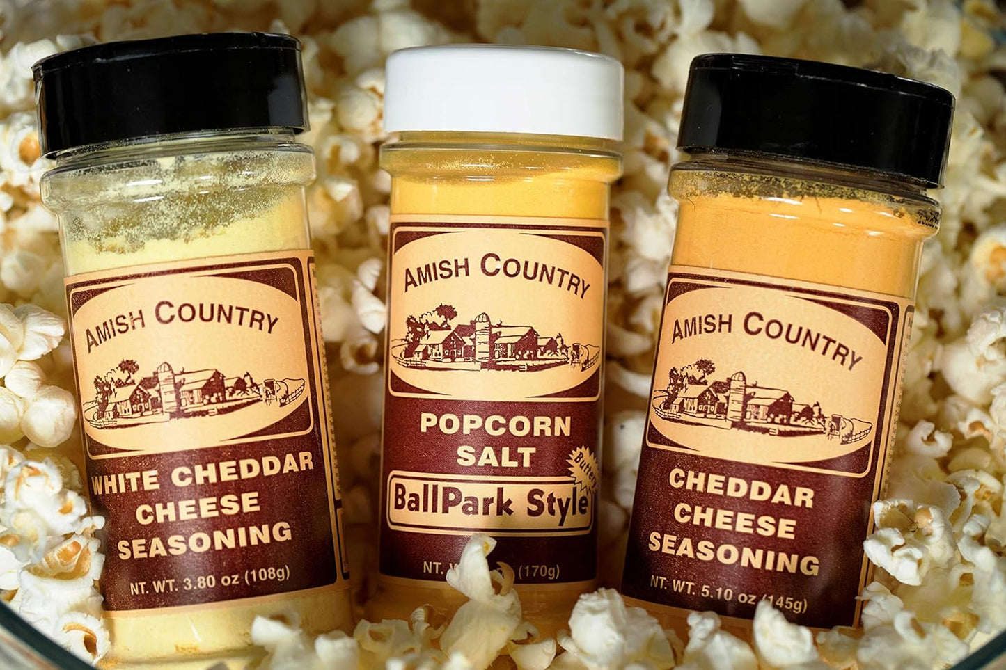 Amish Country Popcorn | BallPark Style Buttersalt - 5.5 oz, Cheddar Cheese - 4.7 oz & White Cheddar Cheese - 3.8 oz Popcorn Seasoning | Old Fashioned, Non-GMO and Gluten Free