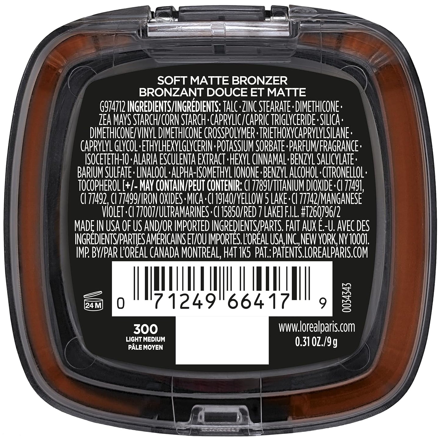 L'Oreal Paris Infallible Up to 24H Fresh Wear Soft Matte Longwear Bronzer. Waterproof, heatproof, Transfer, humidity and sweatproof, Light Medium, 0.31 oz