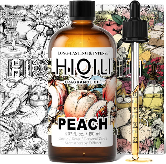 HIQILI Peach Fragrance Oil for Home Diffuser, DIY Candle, Linen & Room Freshener Spray Making, Juicy Fruit Scents - 5.07 Fl Oz