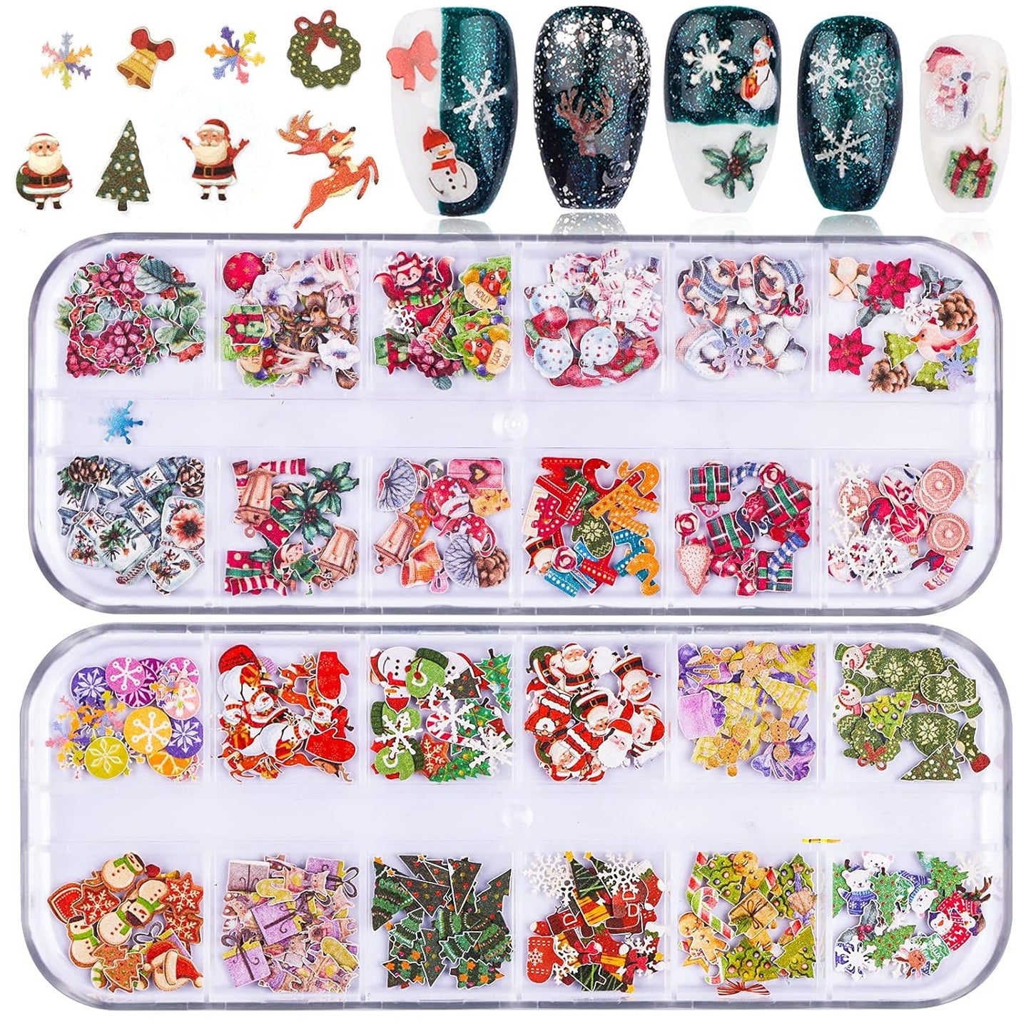 Kalolary 2 Boxes Christmas Nail Art Sequins Sticker, 3D Santa Claus Snowflake Elk Decals for Acrylic Nails, Christmas Tree Wood Pulp Glitter Flakes for Winter Nail Art Decorations