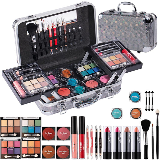 Hot Sugar Makeup Kit for Girls 10-12, Teen Girls Makeup Set for Beginners With Eye Shadow Palette, Blush, Lip Gloss, Brush, Mirror (Black Bubble)