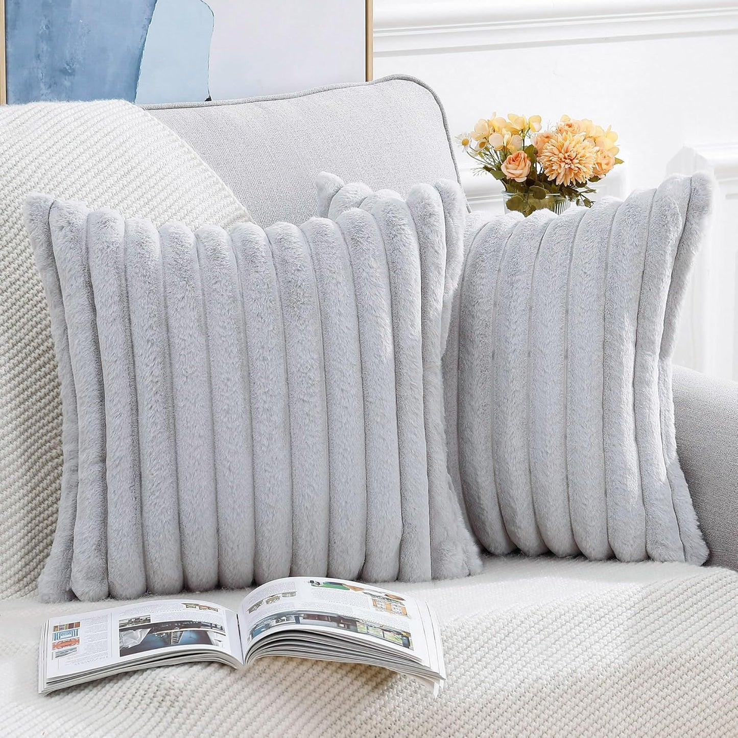 MADIZZ Set of 2 Faux Wool Plush Decorative Throw Pillow Covers 22x22 Inch Light Grey Fluffy Striped Soft Decorative Cushion Cover for Sofa Bedroom Pillow Shell