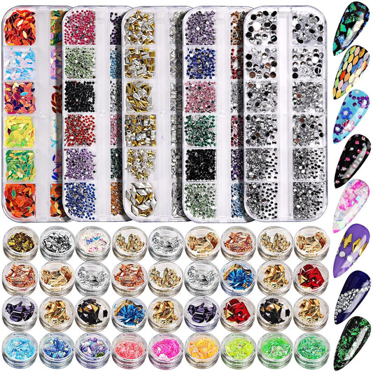Teenitor 41 Boxes Rhinestones for Nails, Nail Gems 5 Boxes Nail Art Rhinestones 36 Boxes Nail Flakes, Nail Gems Stone Nail Design Kit, Nail Rhinestones for Nail Art Nail Accessories