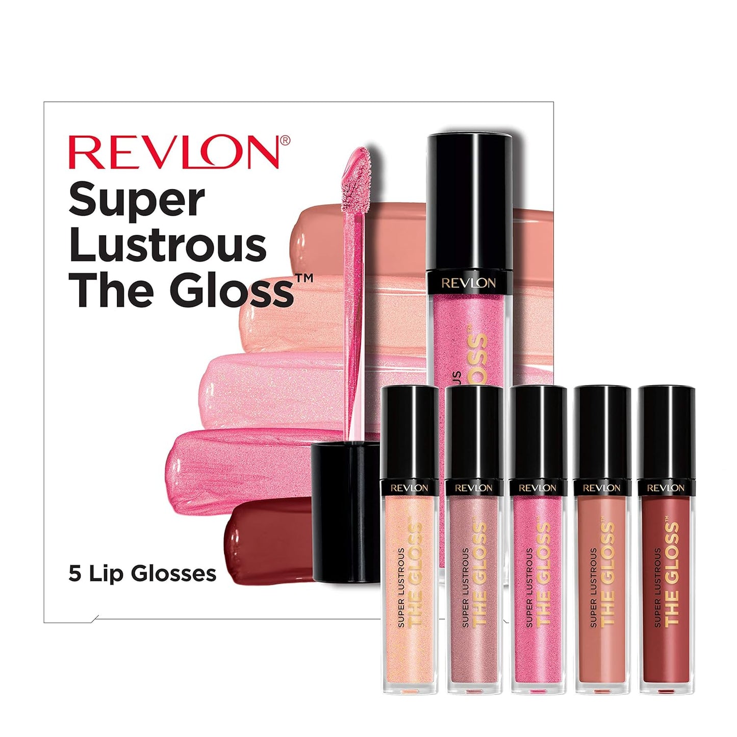 Revlon Super Lustrous The Gloss, 5 Piece Lipgloss Gift Set, Non-sticky High Shine Color in Cream & Pearl Finishes, Pack of 5, 0.75 Fl Oz