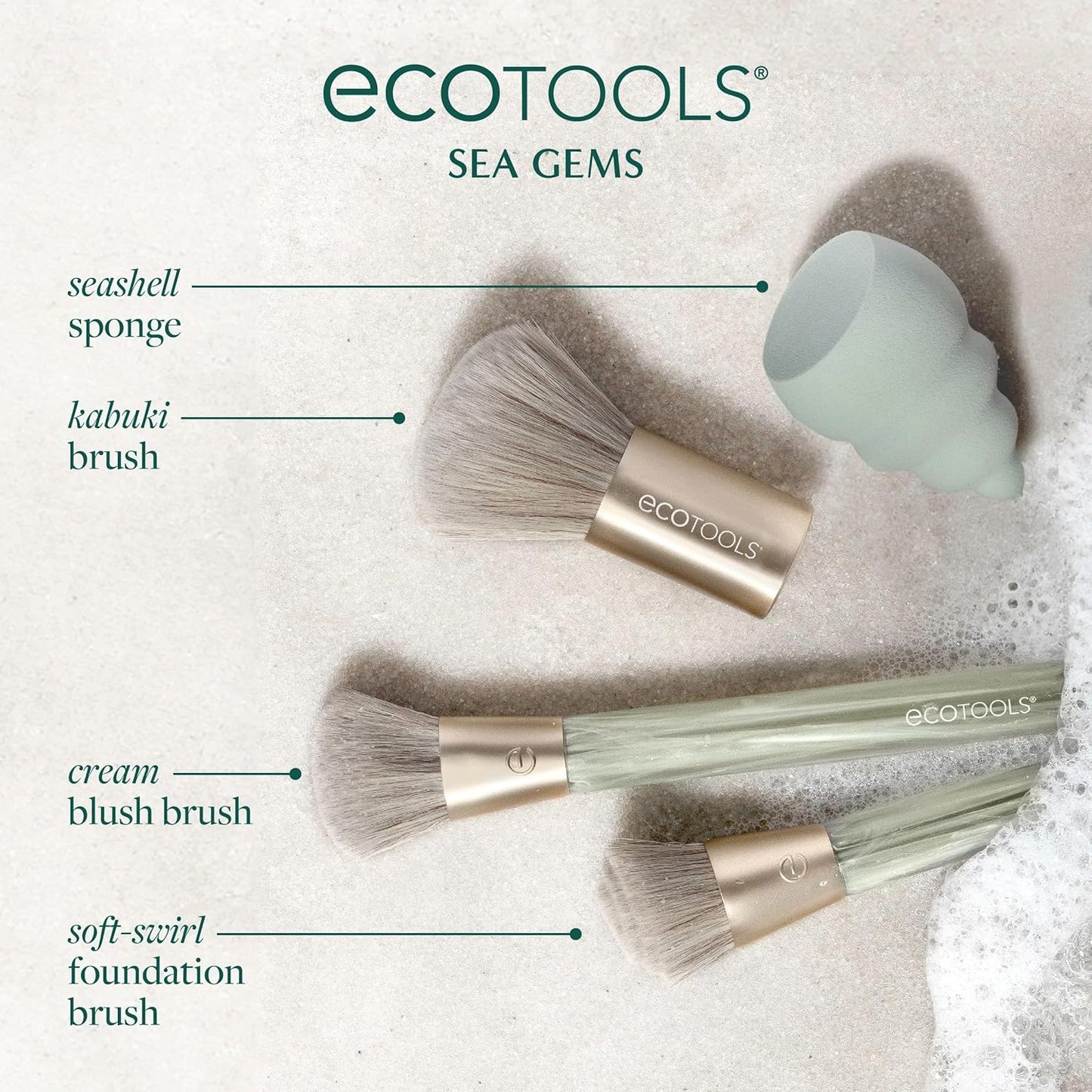 EcoTools Sea Gems Face Makeup Brush & Sponge 4 Piece Set, Eco-Friendly Makeup Brushes & Makeup Sponge, For Foundation, Blush, Contour, & Setting Powder, Recycled Plastic, Cruelty-Free Tools