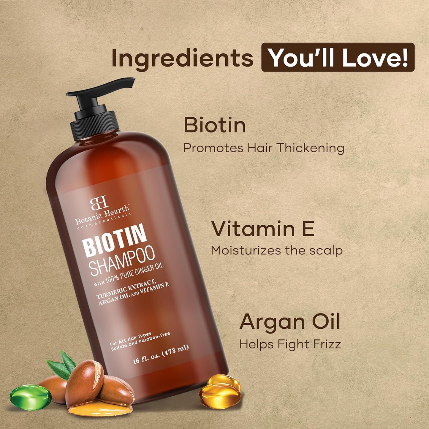 Botanic Hearth Biotin Shampoo With 100% Pure Ginger Oil | Sulfate & Paraben | Free | Enriched With Turmeric Extract, Argan Oil & Vitamin E | For All Hair Types | 16 Fl. Oz