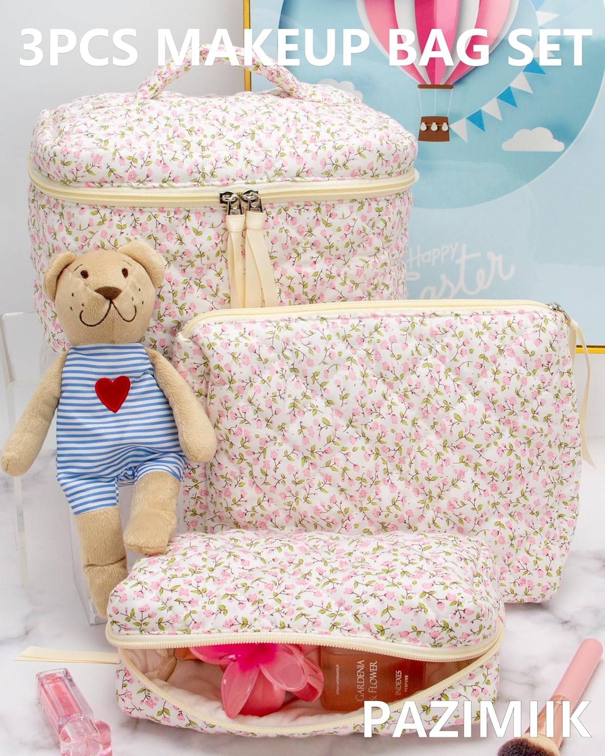 3PCS Makeup Bag SET Large Travel Quilted Zipper Soft Cosmetic Case Pouch for Women Girls Make Up,Floral Pink