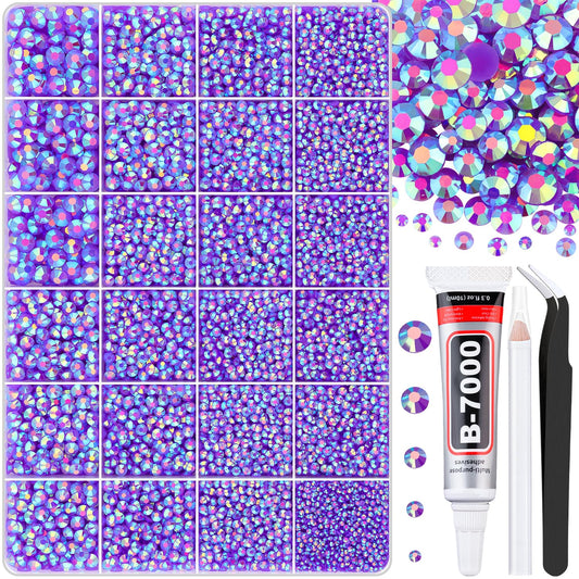 30000Pcs Dark Purple AB Rhinestones for Bedazzling with B7000 Jewelry Glue, Bedazzler Kit Flatback Gems, Resin Rhinestones for Crafting Crafts Clothing Shoes Fabric Nail Art Assorted Size 2/3/4/5/6mm