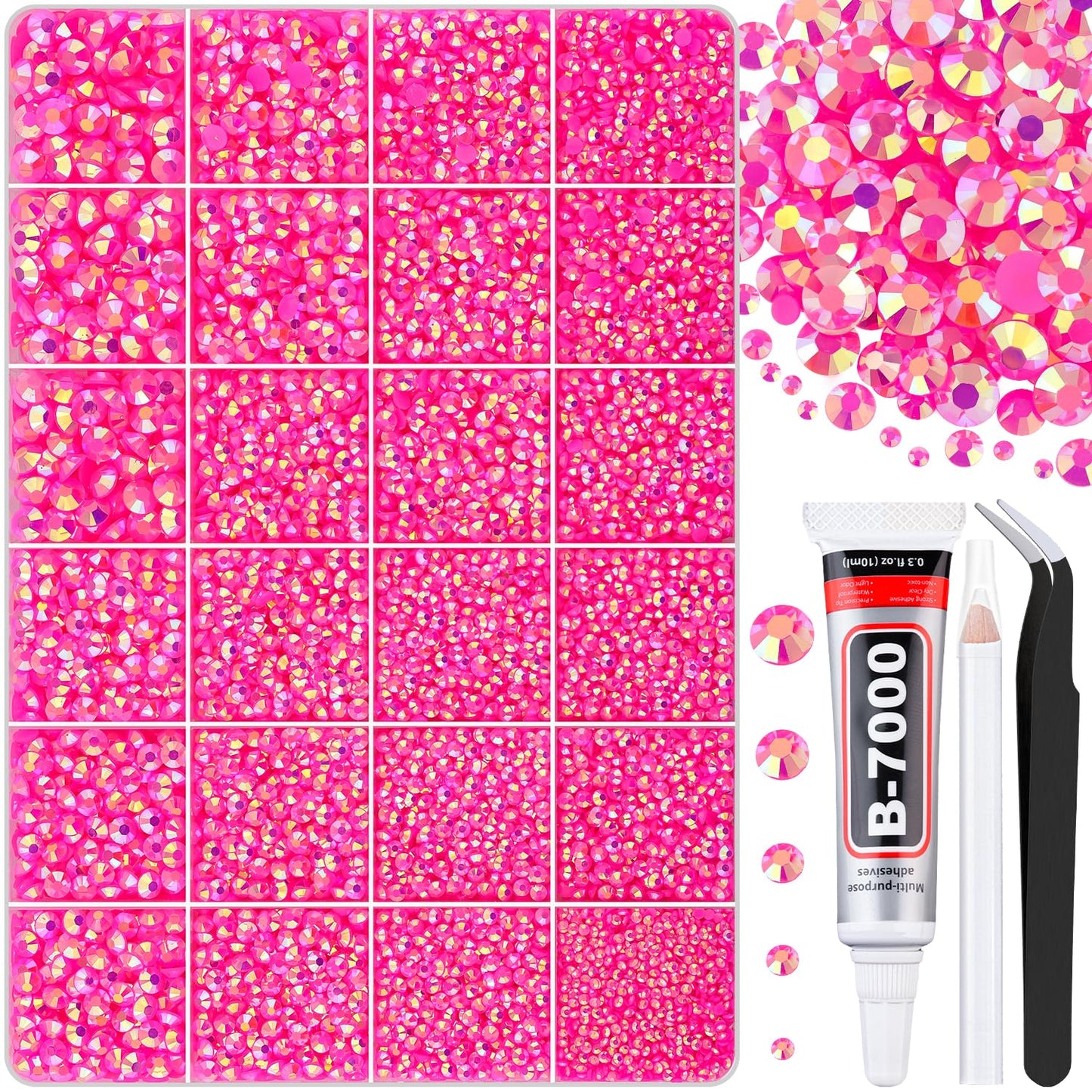 30000Pcs Hot Pink AB Rhinestones for Bedazzling with B7000 Jewelry Glue, Bedazzler Kit Flatback Gems, Resin Rhinestones for Crafting Crafts Clothing Shoes Fabric Nail Art Assorted Size 2/3/4/5/6mm