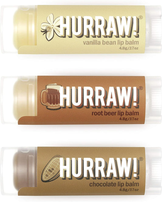 Hurraw! Vanilla Bean, Root Beer, Chocolate Lip Balms, 3 Pack Bundle: Organic, Certified Vegan, Cruelty and Gluten Free. Non-GMO, 100% Natural Ingredients. Bee, Shea, Soy and Palm Free. Made in USA