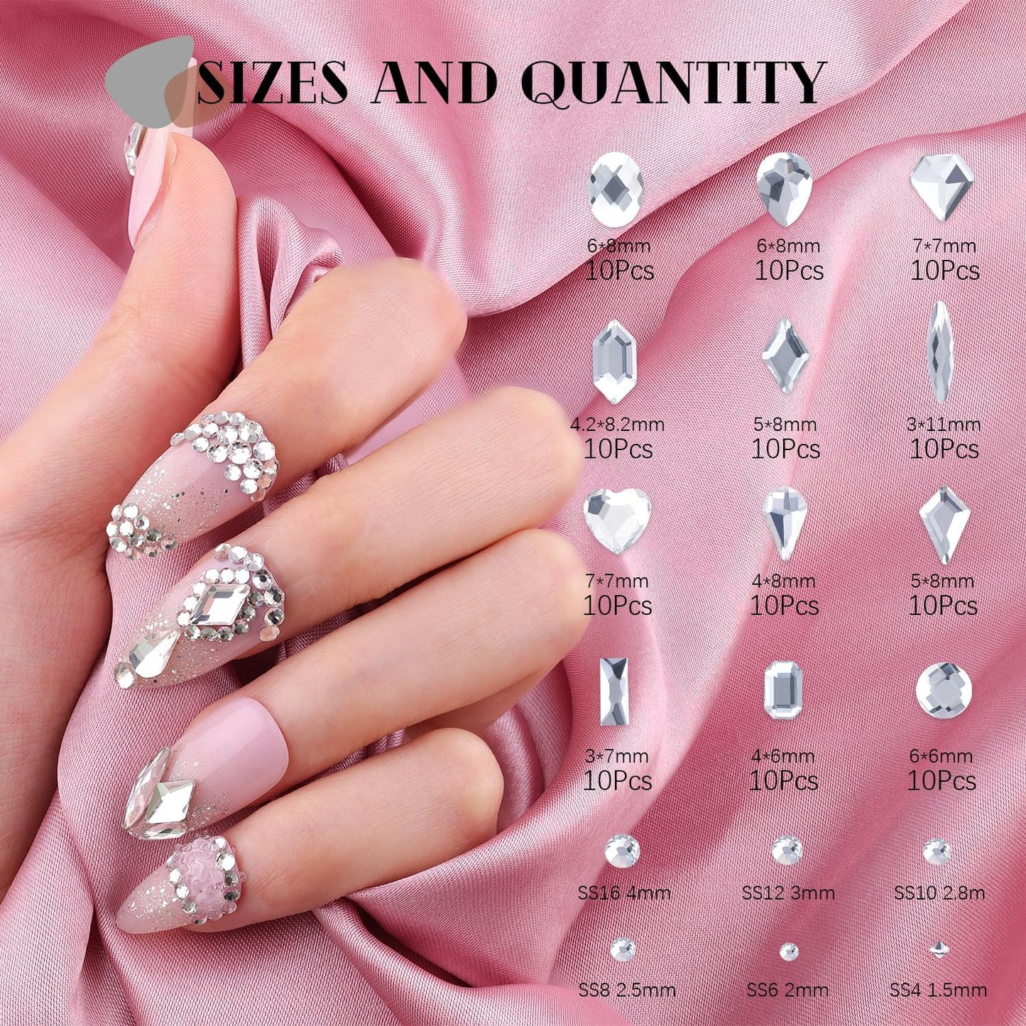 2680Pcs Silver Clear Nail Rhinestones 120Pcs Multi Shapes Glass Flatback Nail Gems + 2560Pcs 1.5-4mm Round Crystal, Manicure Nail Charms Diamond Gemstones for Acrylic Nails Decoration