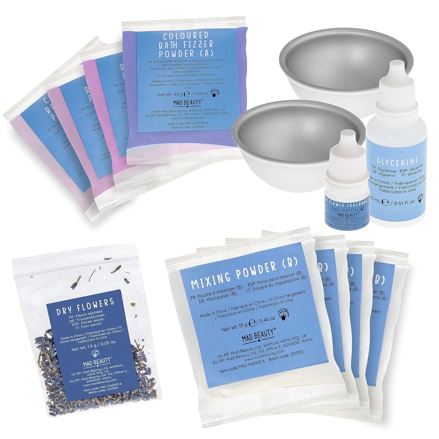 MAD BEAUTY Make It Your Own Bath Bomb Set (Up to 4 Bath Bombs), Self-Care DIY Kit, Floral Fragrance Oil, Dried Flowers, Reusable Molds, & Instructions