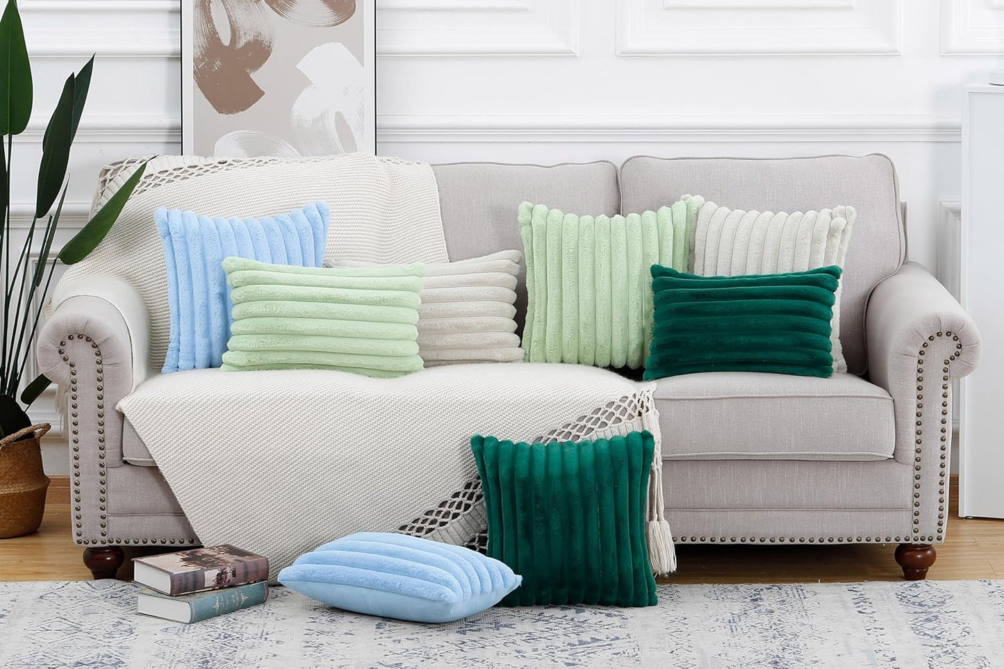 MADIZZ Set of 2 Faux Wool Plush Decorative Throw Pillow Covers 26x26 Inch Light Blue Fluffy Striped Soft Decorative Cushion Cover for Sofa Bedroom Pillow Shell