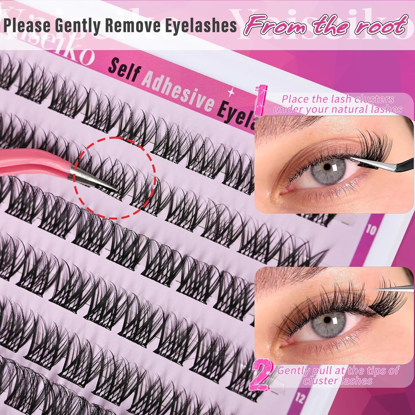 Self Adhesive Eyelashes Clusters Wispy Eyelash Extension Self Adhesive Eyelashes Reusable Press on Lashes No Glue Needed lash Clusters 10-16mm D Curl Individual Lashes Extensions with Tweezers