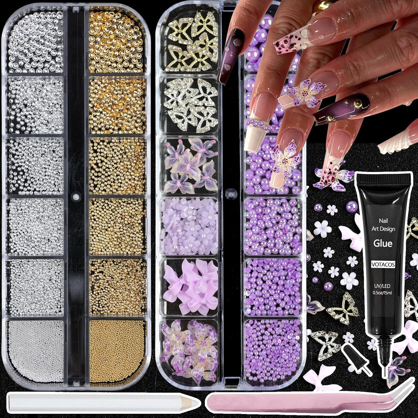 Nail Art Charms with Rhinestones Glue Gel Purple Flatback Pearls Flower Butterfly Nail Gems Supplies Accessories Gold Silver Nails Pearls for Women Nails Design Decoration